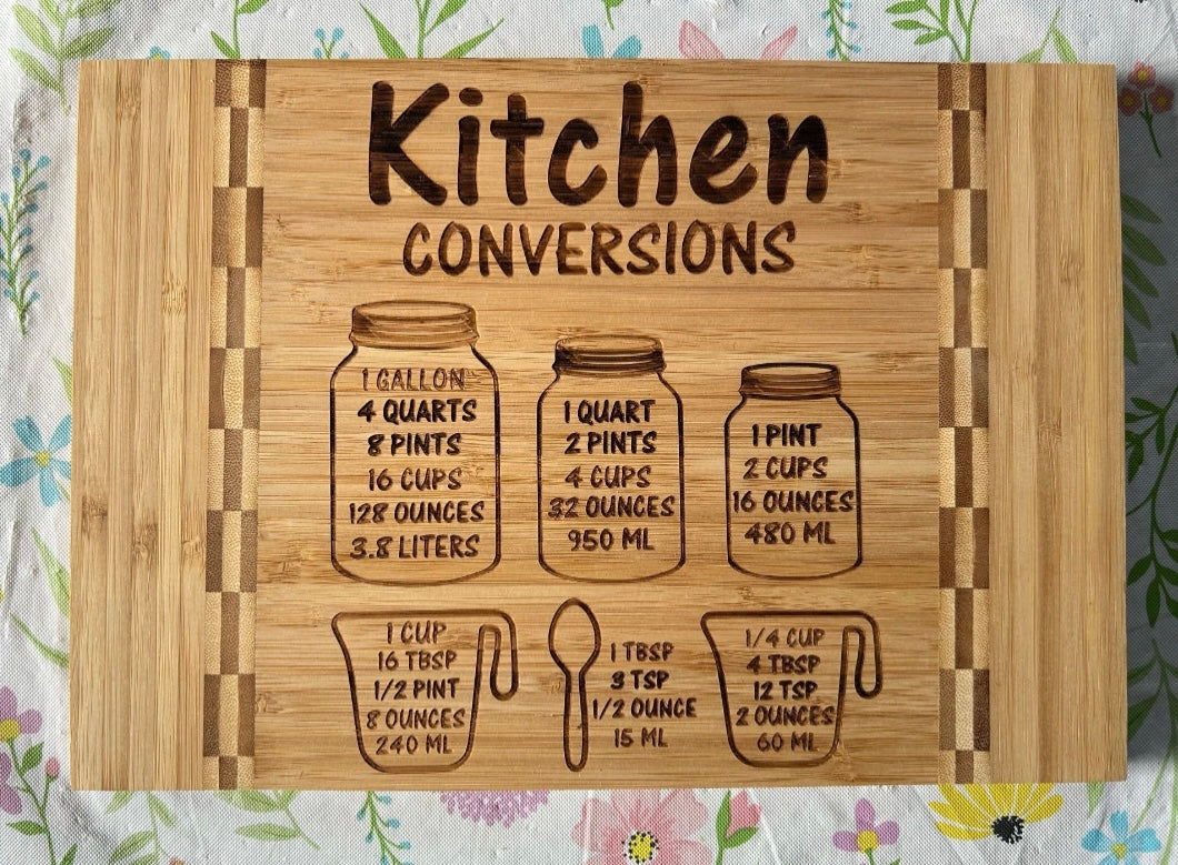 Measuring cheat sheet bamboo cutting board