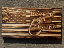 Load image into Gallery viewer, Carved “Hooked on Fishing” flag
